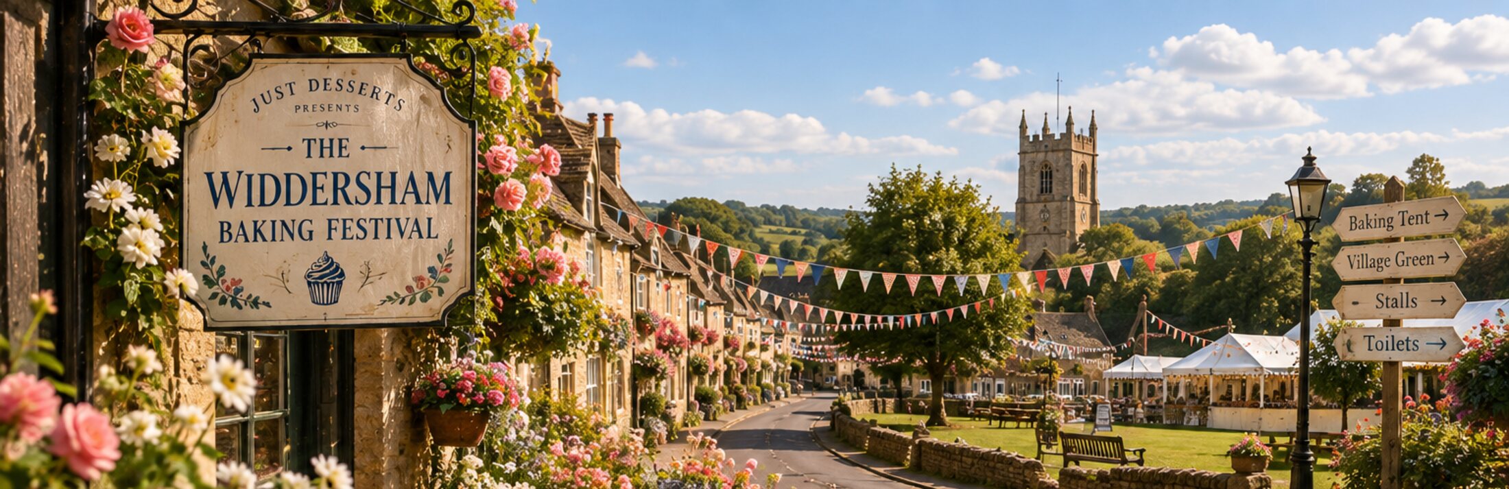 Widdersham high street in bloom, dressed with bunting for the festival